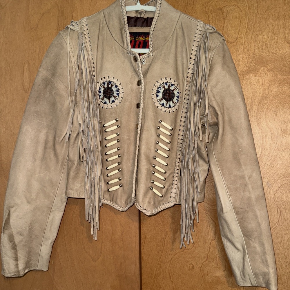 HOT LEATHER Fringe Bead/Bone Beige Leather Women's Crop Motorcycle Jacket SZ M
